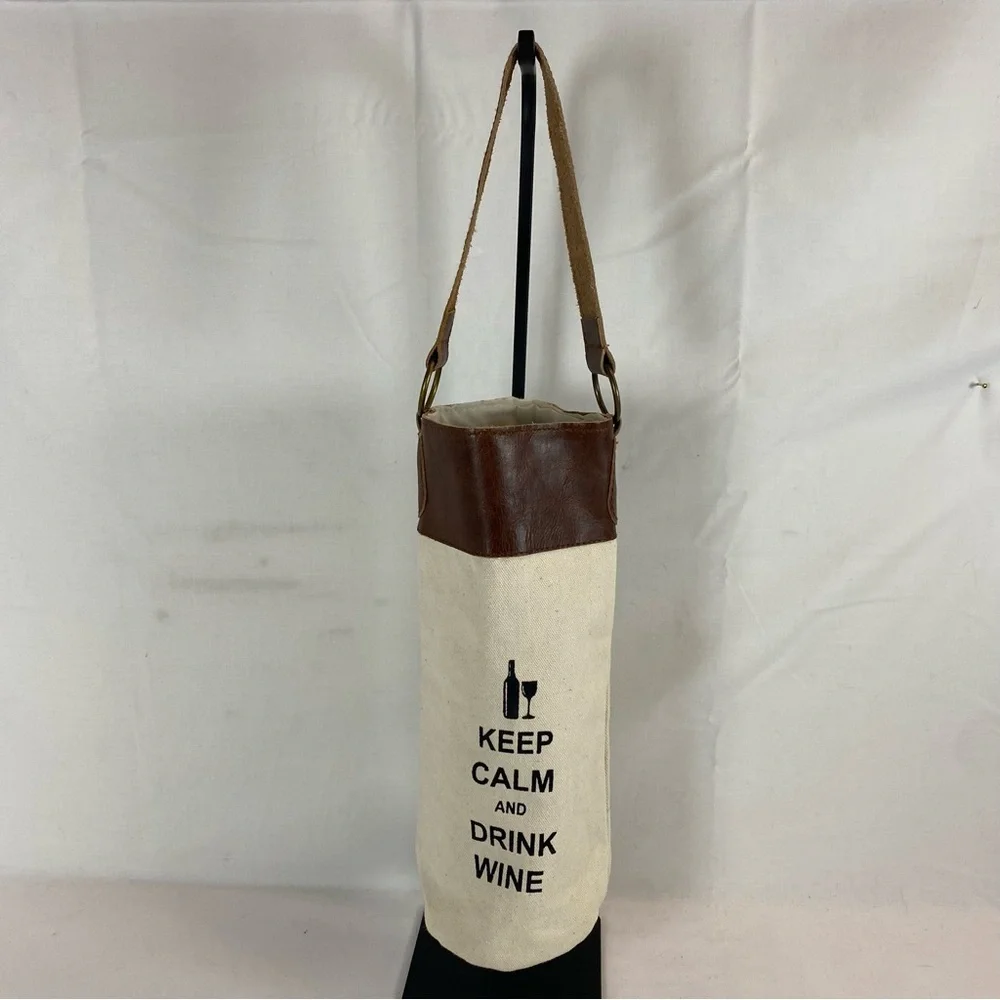 Keep Calm and Drink Wine Canvas Leather Tote Wine Bottle Carrier
